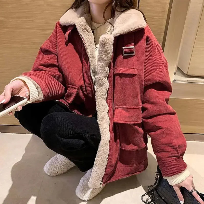 Women's Autumn Winter Casual Parkas Versatile Loose Short Thickened Warm Corduroy Cotton Clothes Trend Lamb Wool Tooling Jacket