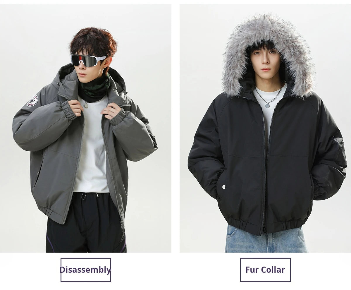 HANGRY 2025 Men's Detachable Fur Hood Parka Short Box Quilted Jacket Water-Resistant Workwear Winter Coat Thermal Insulated