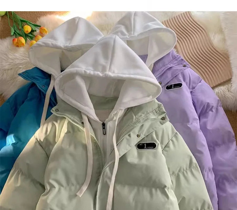 Winter New Fashion Splicing Hooded Fake Two-piece Design Sense Bread Clothes Women Y2K New Korean Version Thick Warm Coats