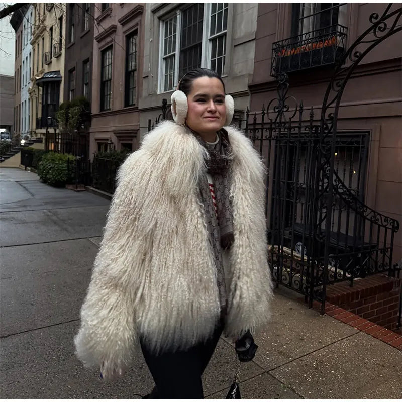 Fashion Solid Plush Faux Fur Coat Women Elegant Warm Long Sleeves Loose Jacket 2025 Lady Winter Chic High Street Outerwear ﻿