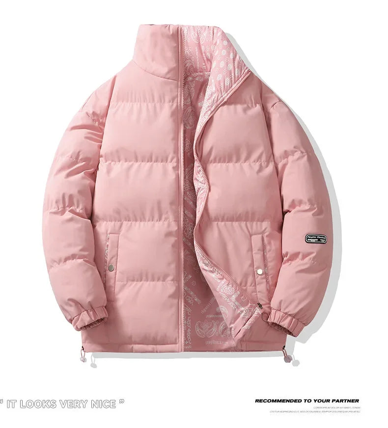 Double-Sided Wear Thickened Cotton Jacket for Men Women Stand Collar Warm Casual Loose Fit Winter Couple Windproof Bread Jacket