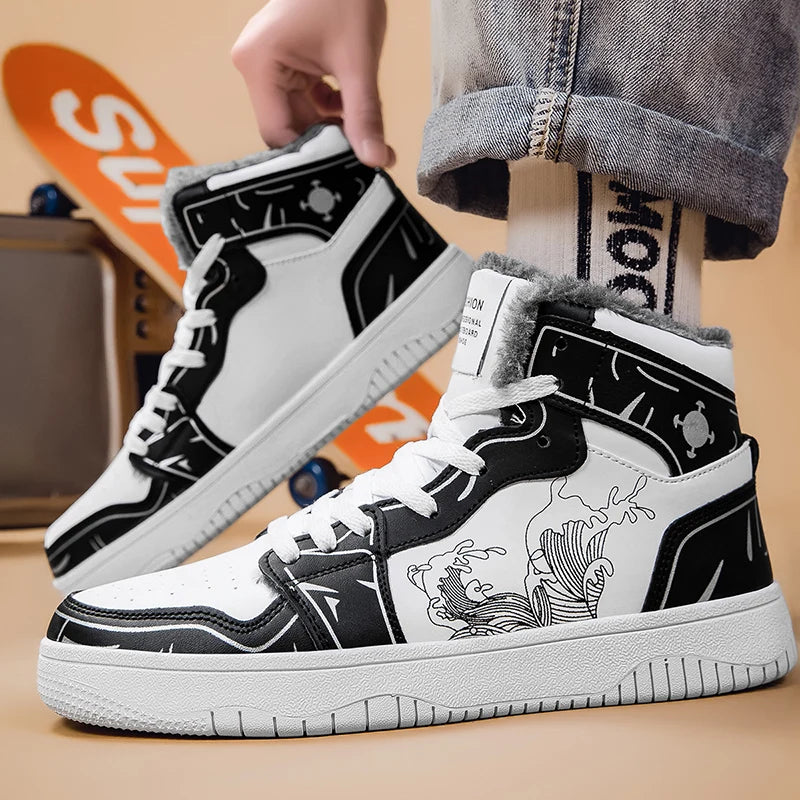 Mens Board Shoes 2025 New Winter Warm Anti Slip Thick Soled Outdoor Casual Sneakers Fashion High Top Lace Up Flat Walking Shoes