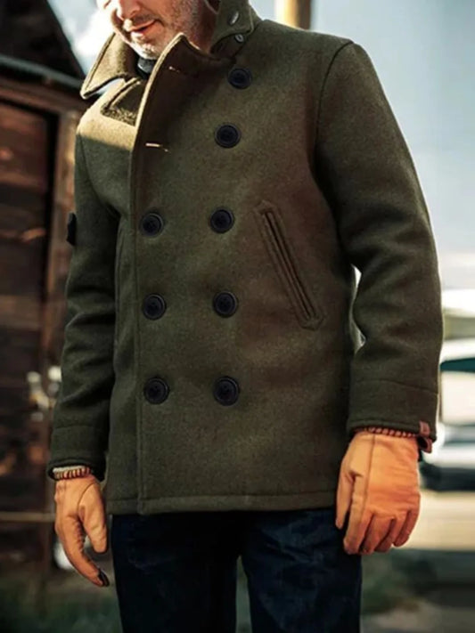 Men's Pure Color Woolen Coat with Buttoned Collar ort Sve V-Ne Outerwear for Young Men in Autumn Season