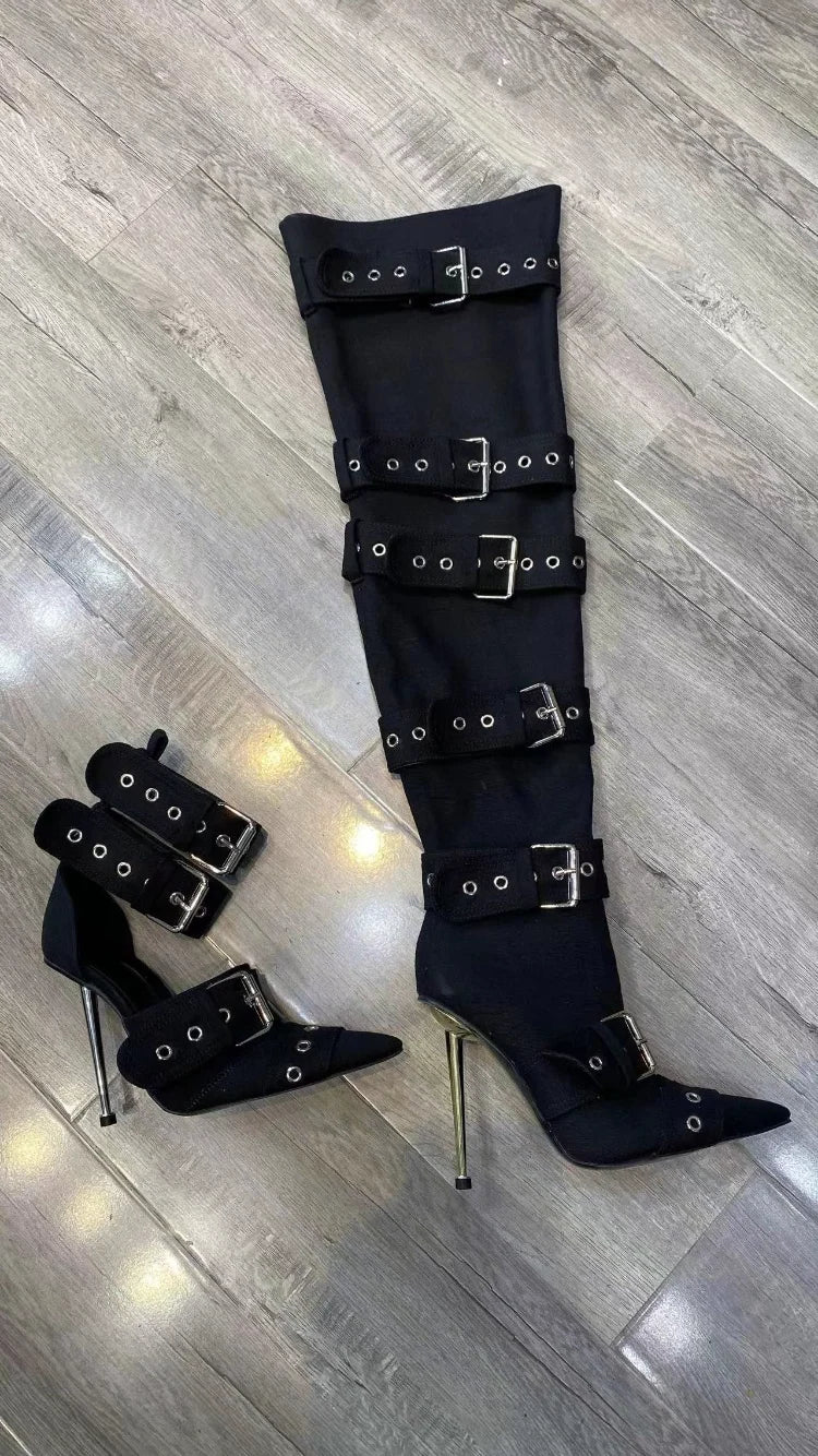 Blue Denim Metal Rivet Buckle Silvery Over Knee Boots Women Sexy Punk Style Silver Belt Buckle 12cm High Heel Sandals Size 34-43