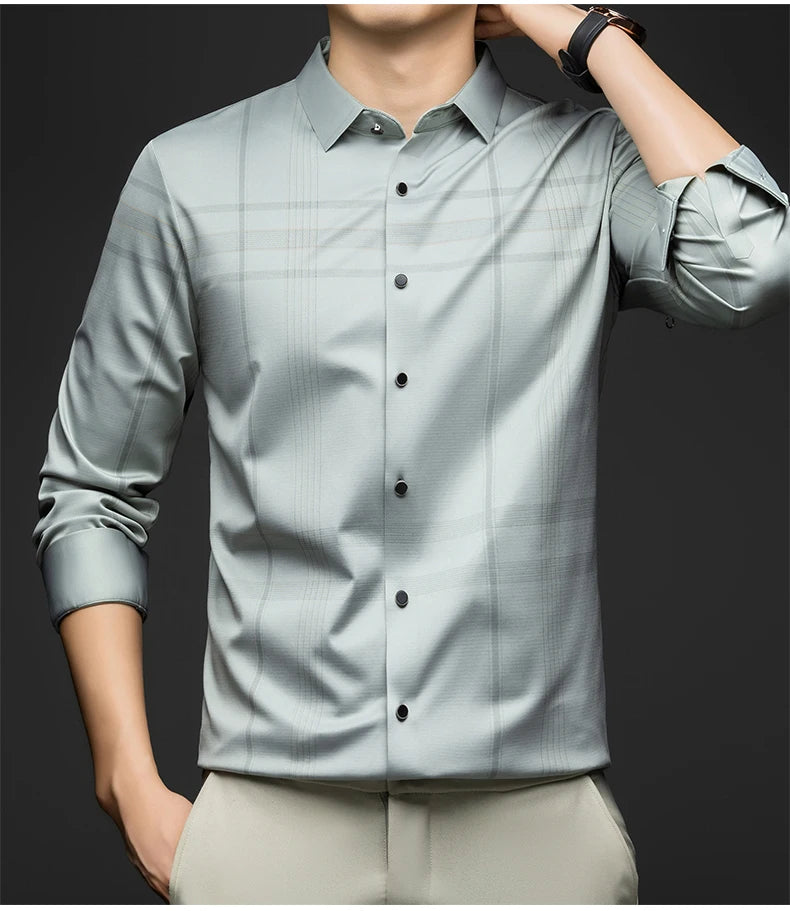 BROWON Formal Shirt Men 2025 Autumn New Long Sleeve Male Shirt Fashion Business Mulberry Silk Striped Shirts for Man Wear
