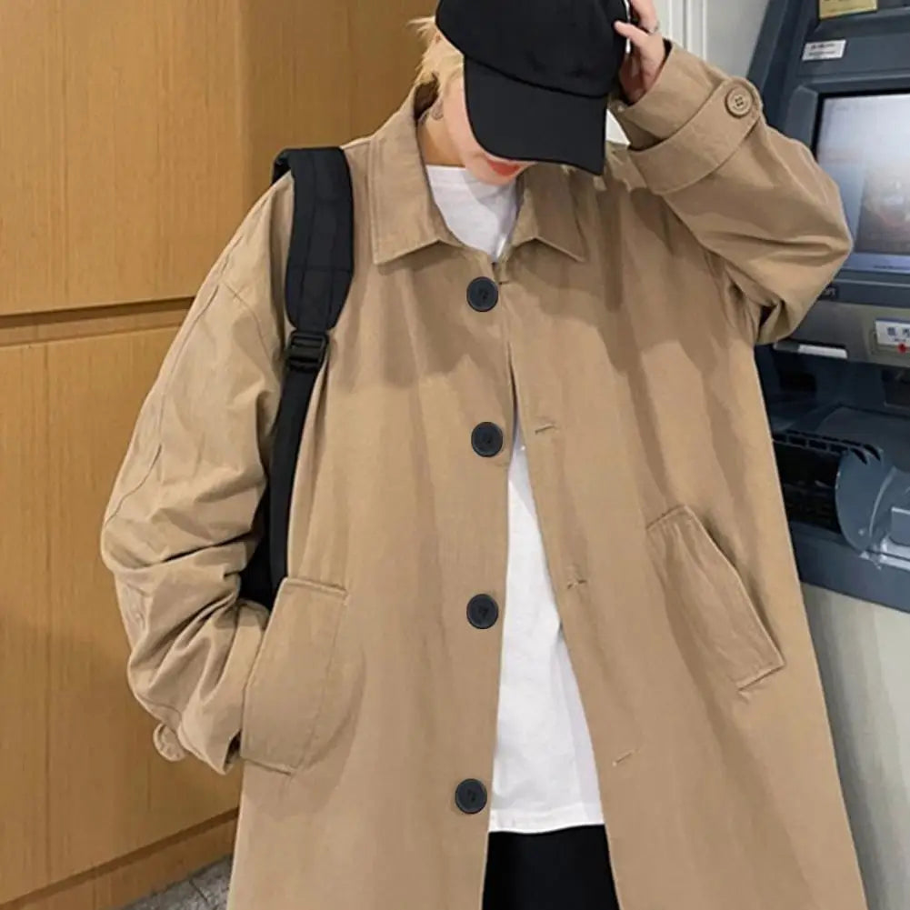 Men's British Style Long Jacket Single-breasted Lapel Long Sleeve Outdoor Casual High Street Male Coat Midi Outwear Mid-length