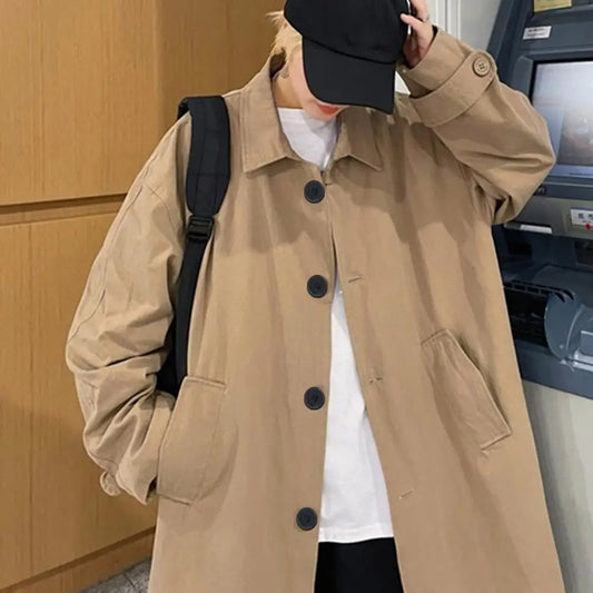 Men's British Style Long Jacket Single-breasted Lapel Long Sleeve Outdoor Casual High Street Male Coat Midi Outwear Mid-length