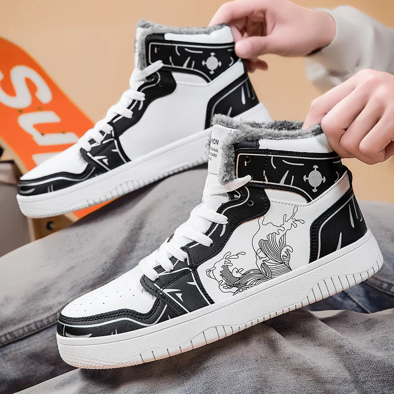 Mens Board Shoes 2025 New Winter Warm Anti Slip Thick Soled Outdoor Casual Sneakers Fashion High Top Lace Up Flat Walking Shoes