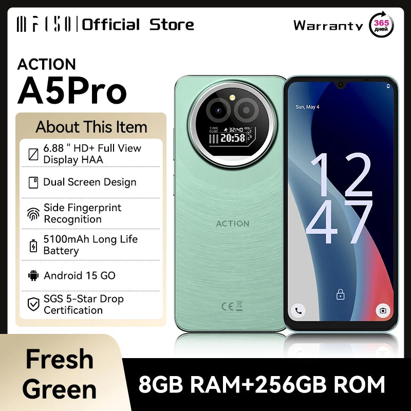 IIIF150 Action A5Pro Phone Android 15 Smartphone 8GB RAM 256GB ROM 6.8inch HD+ HAA Display Dual Screen Design 5100mAh Battery