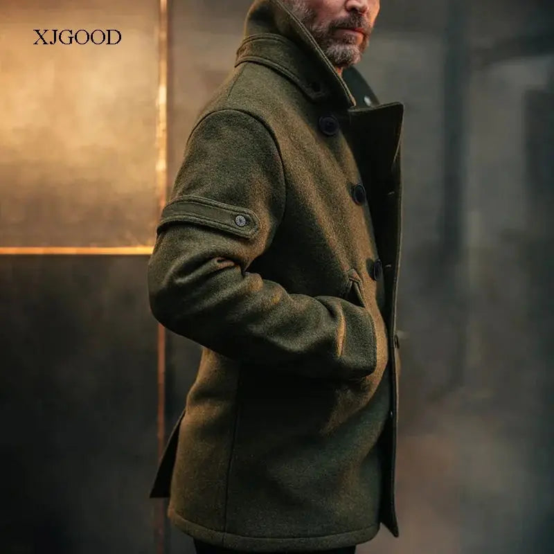 Men's Pure Color Woolen Coat with Buttoned Collar ort Sve V-Ne Outerwear for Young Men in Autumn Season