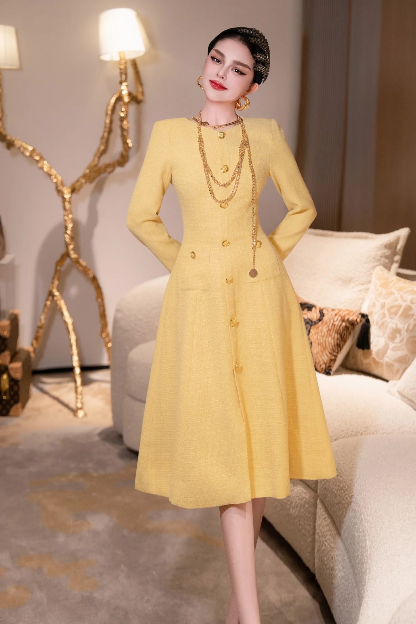 ZJYT New Arrivals Autumn Dresses for Women 2025 Elegant Designer Long Sleeve Single Breasted Party Yellow Dress with Belt
