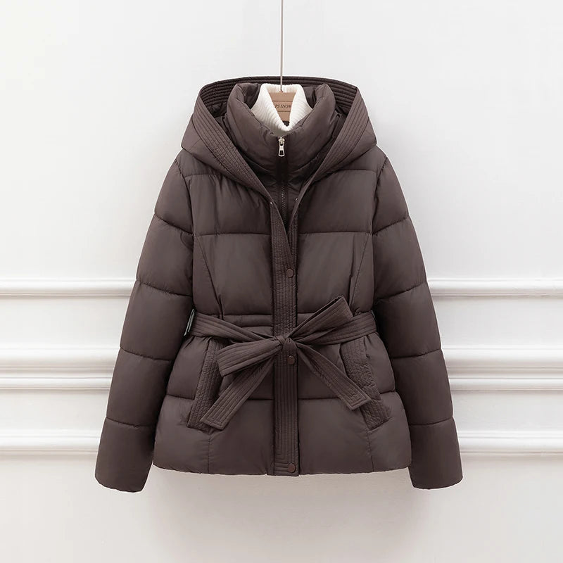 ort Padded Cotton Jaet Women Thiened Winter Coat with Hoodie Slimming Design Waist-Cinching Trendy Outerwear