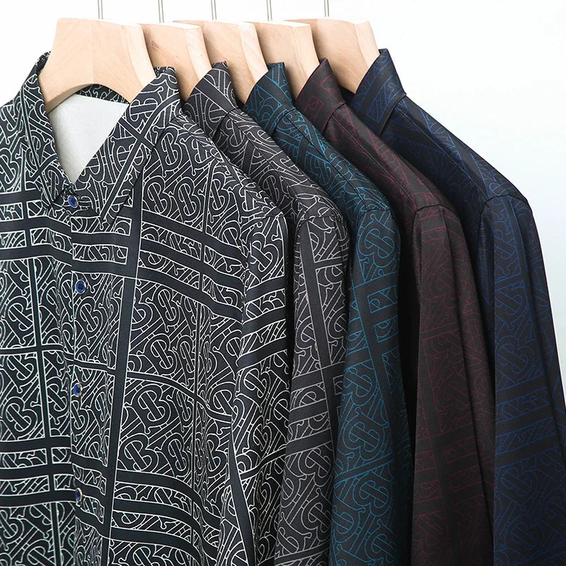 New Men's Casual Printed Long Sleeved Lapel Shirt for Spring and Autumn Fashion Comfortable Wrinkle Free Top Without Ironing