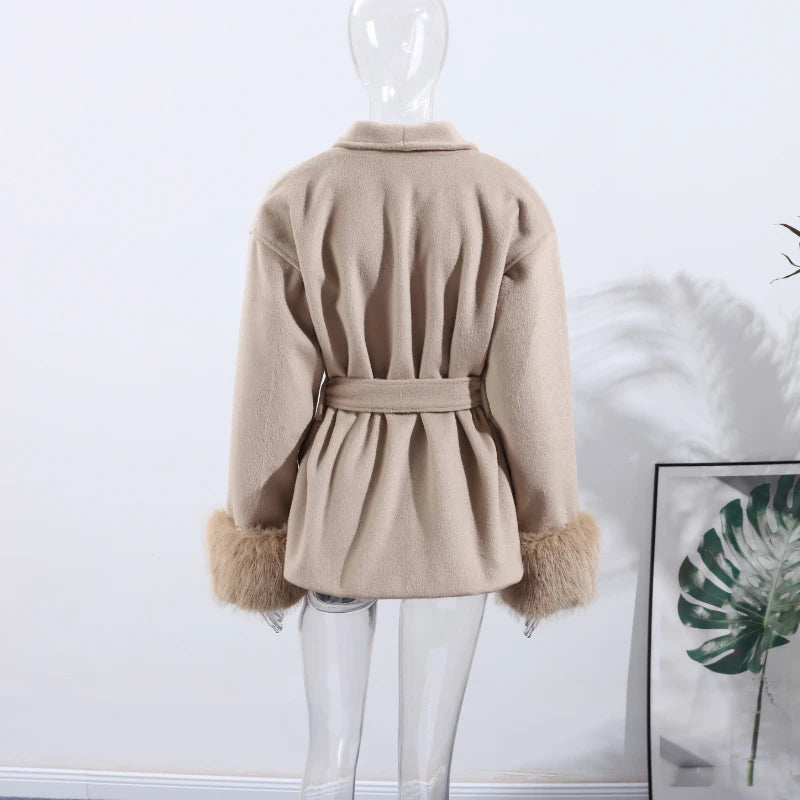 Retro Black Fur Patchwork Woolen Coat Women Chic Full Sleeve V-neck Lace Up Loose Long Overcoat 2025 Lady Winter Commute Outwear