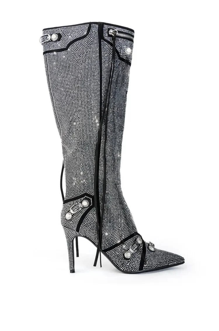 New 2024 Brand Design Knee High Boots Fashion Rivet Pointed Thin Heel Women's Boots 34-43 Fashion Hot Girls Denim Model Boots