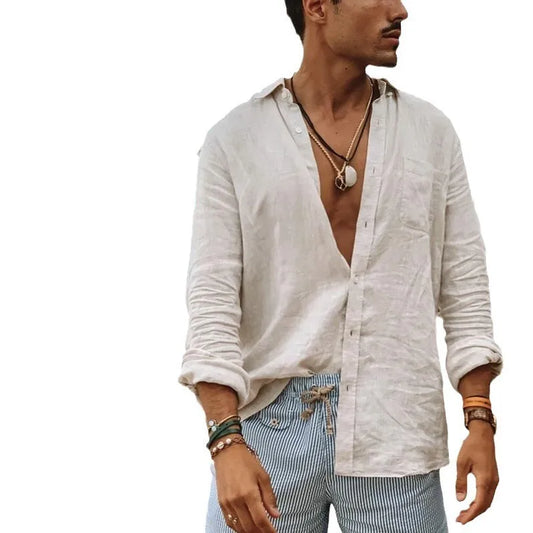 Men's casual long sleeve thin solid color lapel shirt