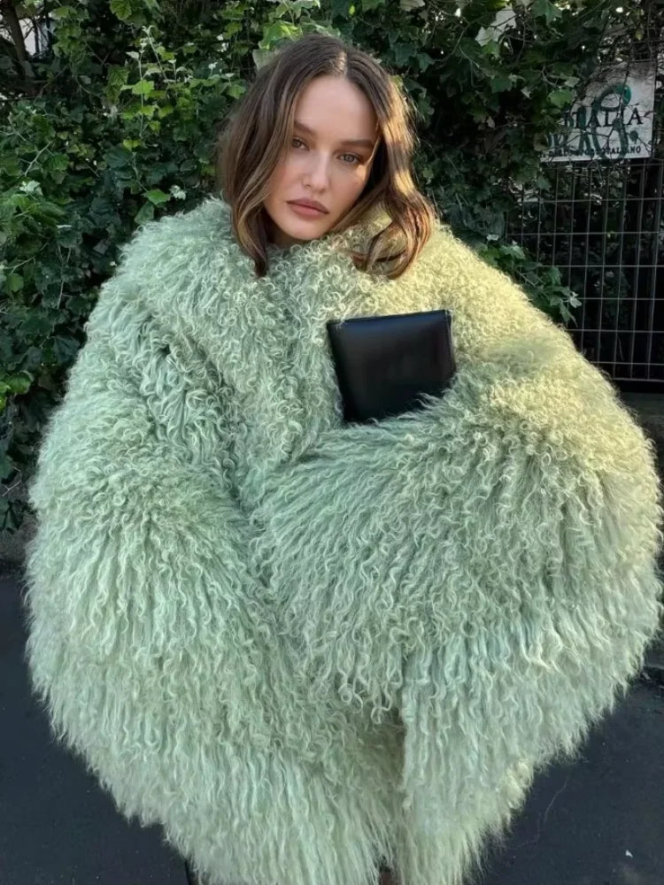 Fashion Solid Plush Faux Fur Coat Women Elegant Warm Long Sleeves Loose Jacket 2025 Lady Winter Chic High Street Outerwear ﻿