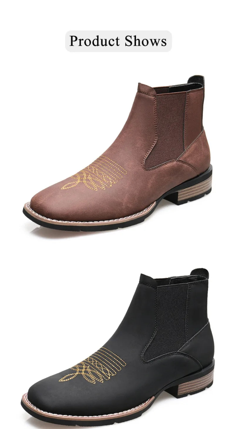 Men's Chelsea Boots High Quality Casual Leather Boots Retro Ankle Boots for Men Embroidery Western Cowboy Boot Botas Masculinas