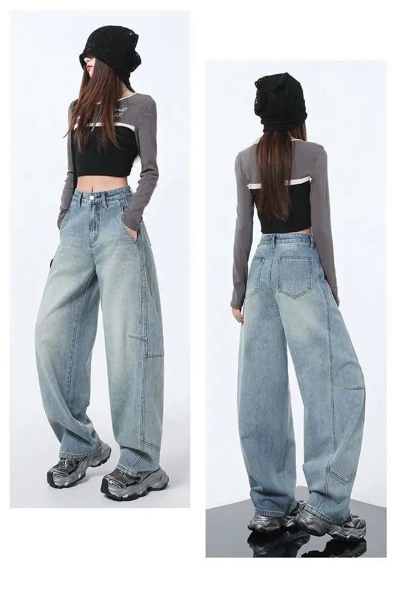 2025 Women Baggy Jeans High Waist Straight Wide Leg Drag Floor Length Banana Pants Vintage Casual