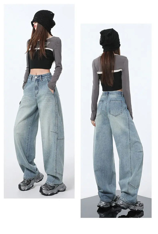 2025 Women Baggy Jeans High Waist Straight Wide Leg Drag Floor Length Banana Pants Vintage Casual