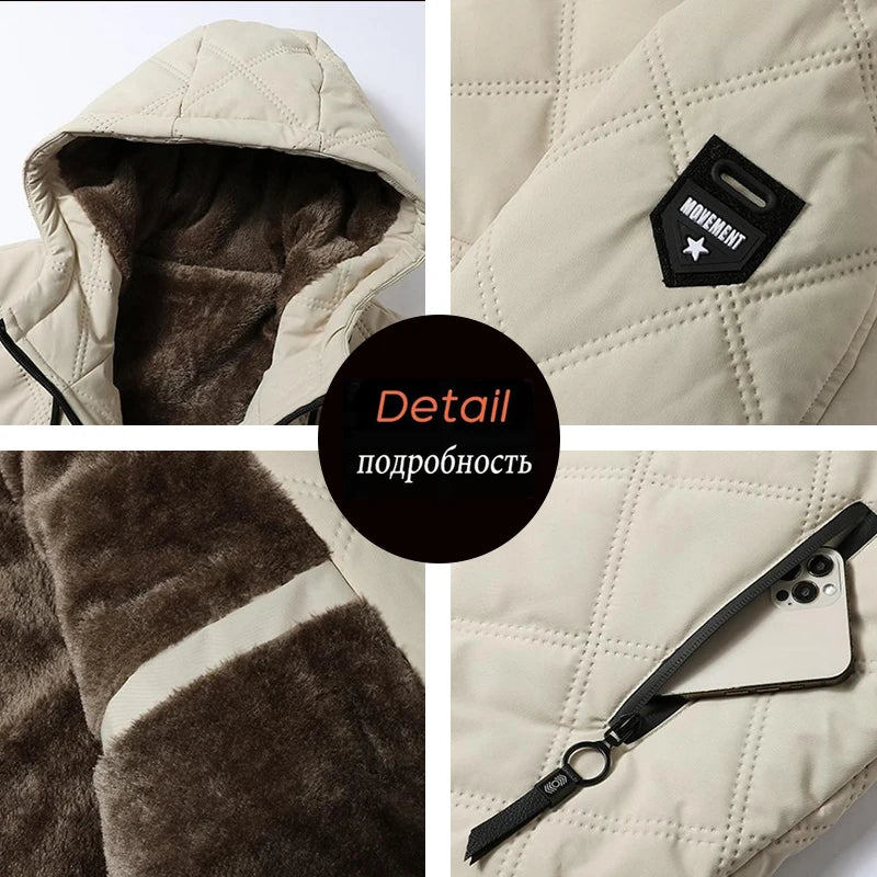 Winter Man Fleece Outdoor Casual Jacket Man Hooded Outwear Warm Jacket Man Multi Pocket Thicken Jacket Male Run Work Safari Coat