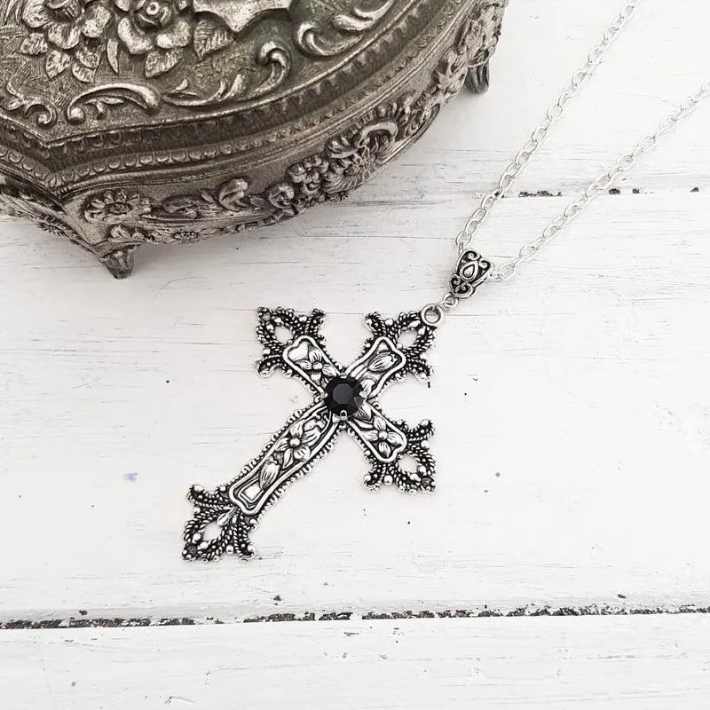 Gothic Big Zircon Cross Necklace Unisex Y2K Irregular Goth Large Cross Pendant Necklaces  for Men Women Couple Necklace Jewelry