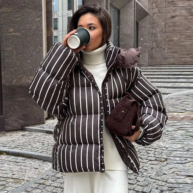Casual Striped Short Cotton Overcoat Women Long Puff Sleeve Zipper Stand Collar Coat 2025 Autumn Winter Thick Warm Lady Outwear
