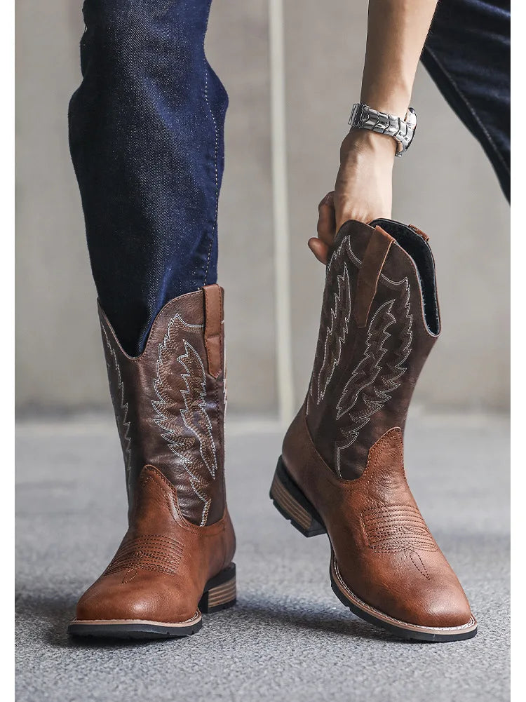 Vintage Embroidery Men's Cowboy Boots High Top Motorcycle Boots Men Shoes Fashion Square Toe Warm Boots