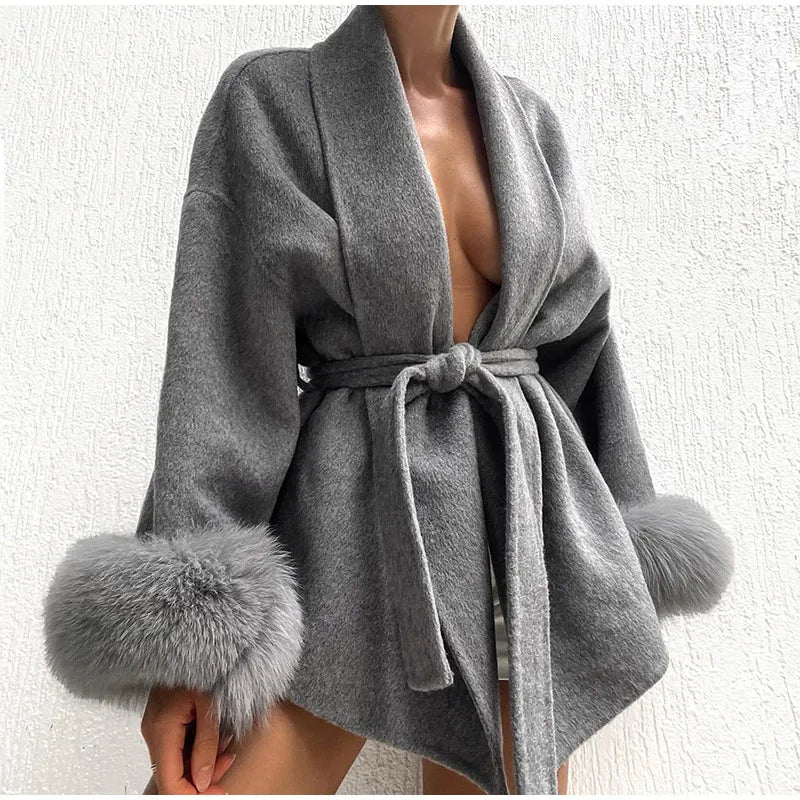 Elegant Lace Up Woolen Coat Women Solid Loose Lapel Furry Belt Long Sleeve Short Jacket 2025 Autumn Winter Lady Cardigan Outwear