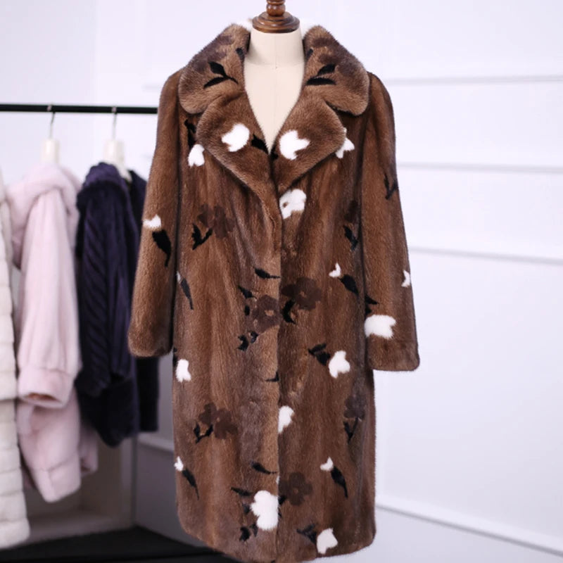 Ftangaiur New Winter Import Velvet Mink Fur Coat Long Sleeve Women Turn-Down Collar Pure Color Medium Natural Mink Fur Coats
