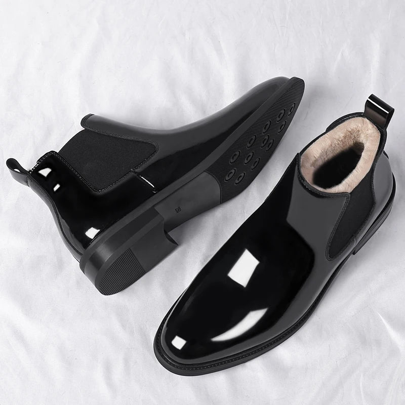 Height Increase Men's Shiny Leather Boots Pointed Formal Elevator Shoes Office Business Snow Boots Chelsea Winter Cotton Boots