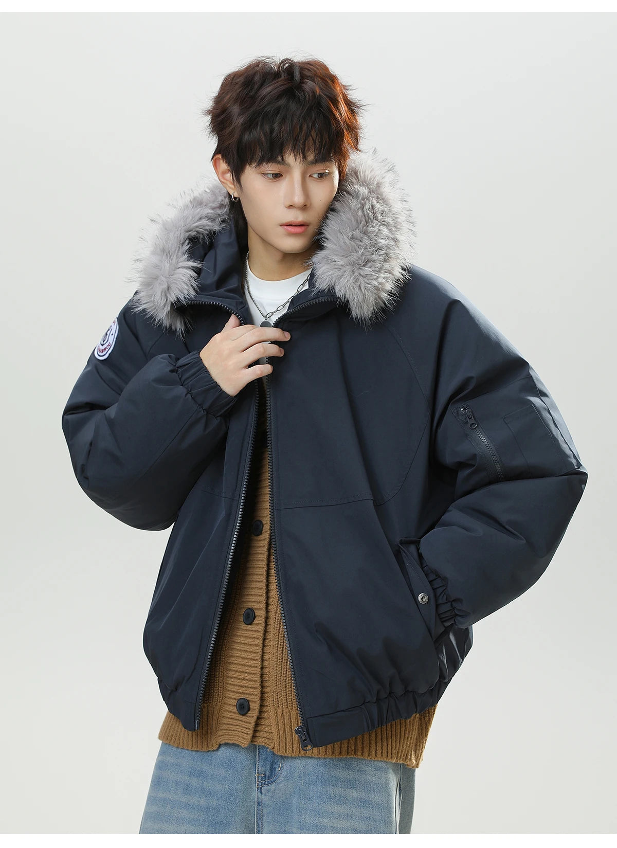 HANGRY 2025 Men's Detachable Fur Hood Parka Short Box Quilted Jacket Water-Resistant Workwear Winter Coat Thermal Insulated