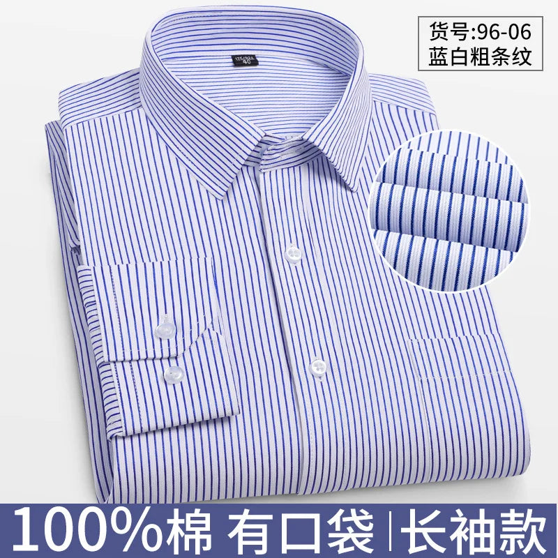 8XL Formal Office Wear 100 Cotton Long Sleeve Shirt for Men Business Casual Striped Work Shirt Men Long Sleeve White Black Blue