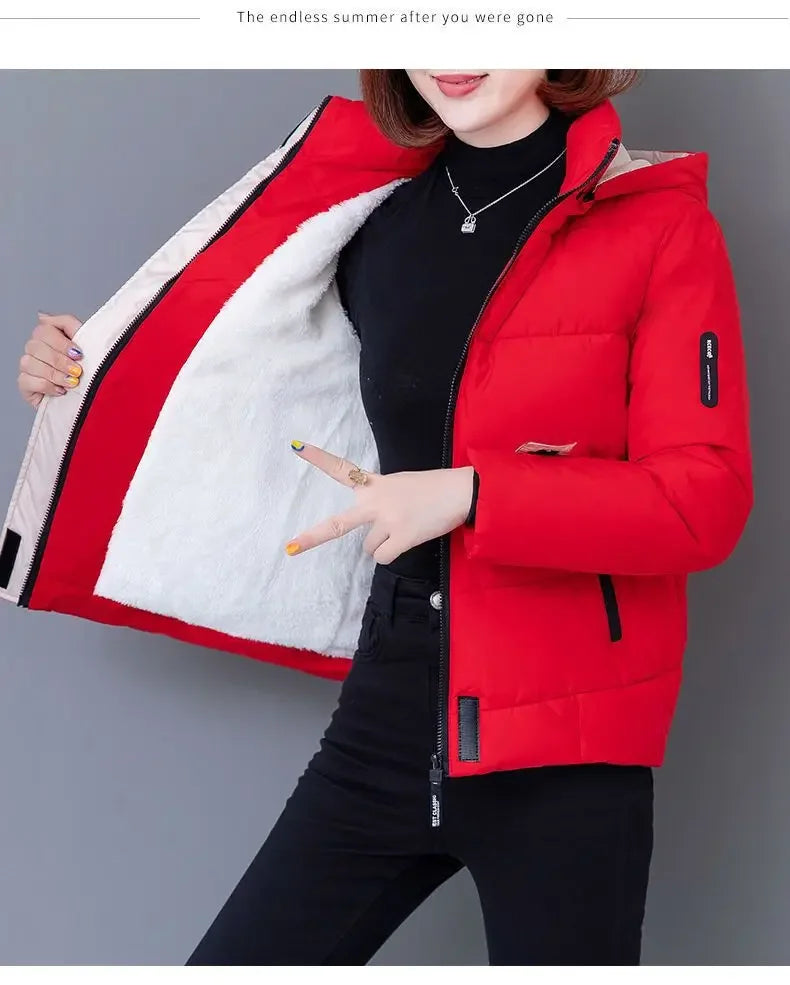 Thick Fleece Cotton Parkas Women Puffer Jacket Winter Fashion Warm Hooded Short Down Jacket Lady Casual Solid Zipper Padded Coat