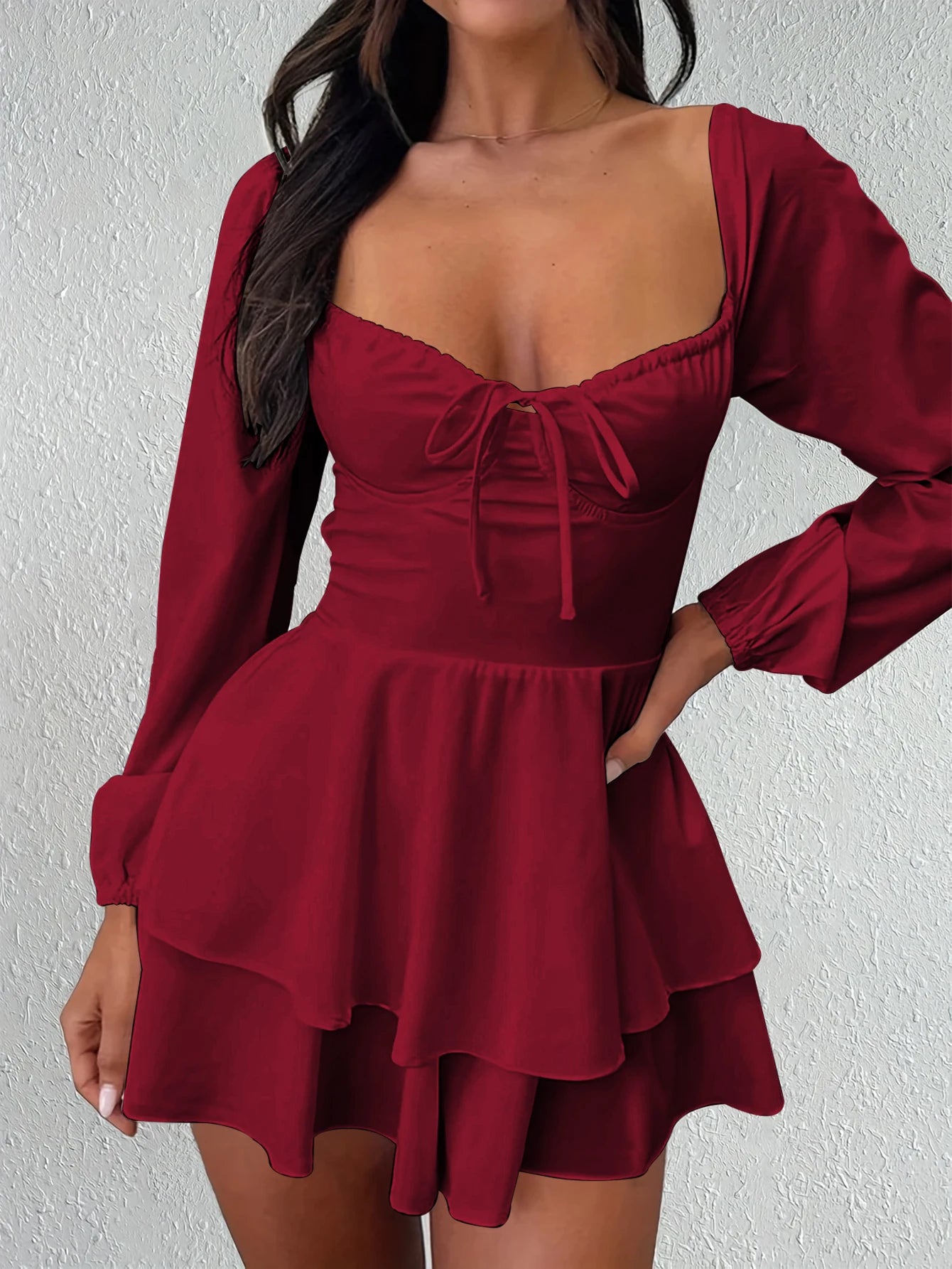 Sexy And Elegant V-neck Backless Waist Cinched Long Sleeved Dress Nightclub Party Style White Lace Up Ruffle Edge Short Skirt