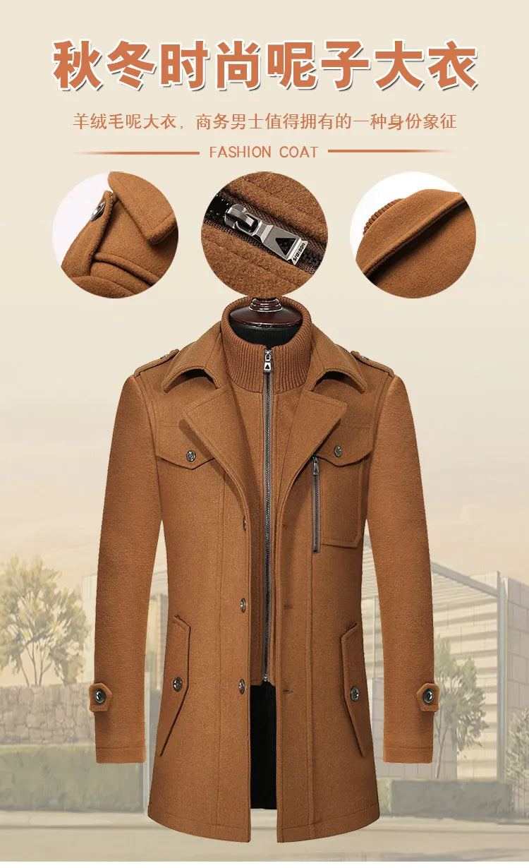Men's Autumn Winter Fashion High-End Atmosphere Long Thickened Wool Overcoat Middle-Aged Men's Stylish Woolen Coat