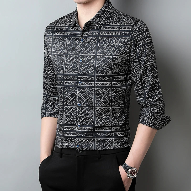 New Men's Casual Printed Long Sleeved Lapel Shirt for Spring and Autumn Fashion Comfortable Wrinkle Free Top Without Ironing