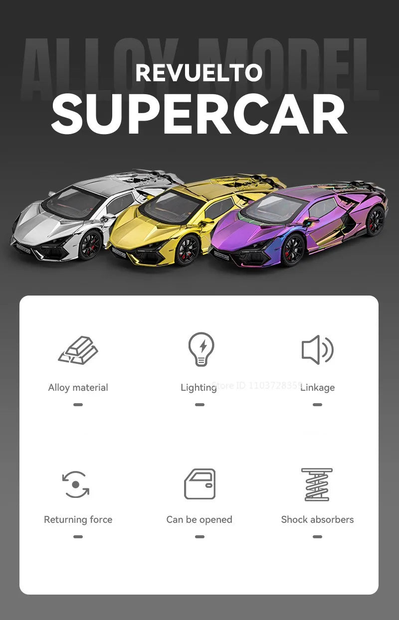 1:24 Scale REVUELTO Miniature Model Toy Sports Cars Alloy Diecast Supercars Sound Light Doors Opened Pull Back for Kids Gifts