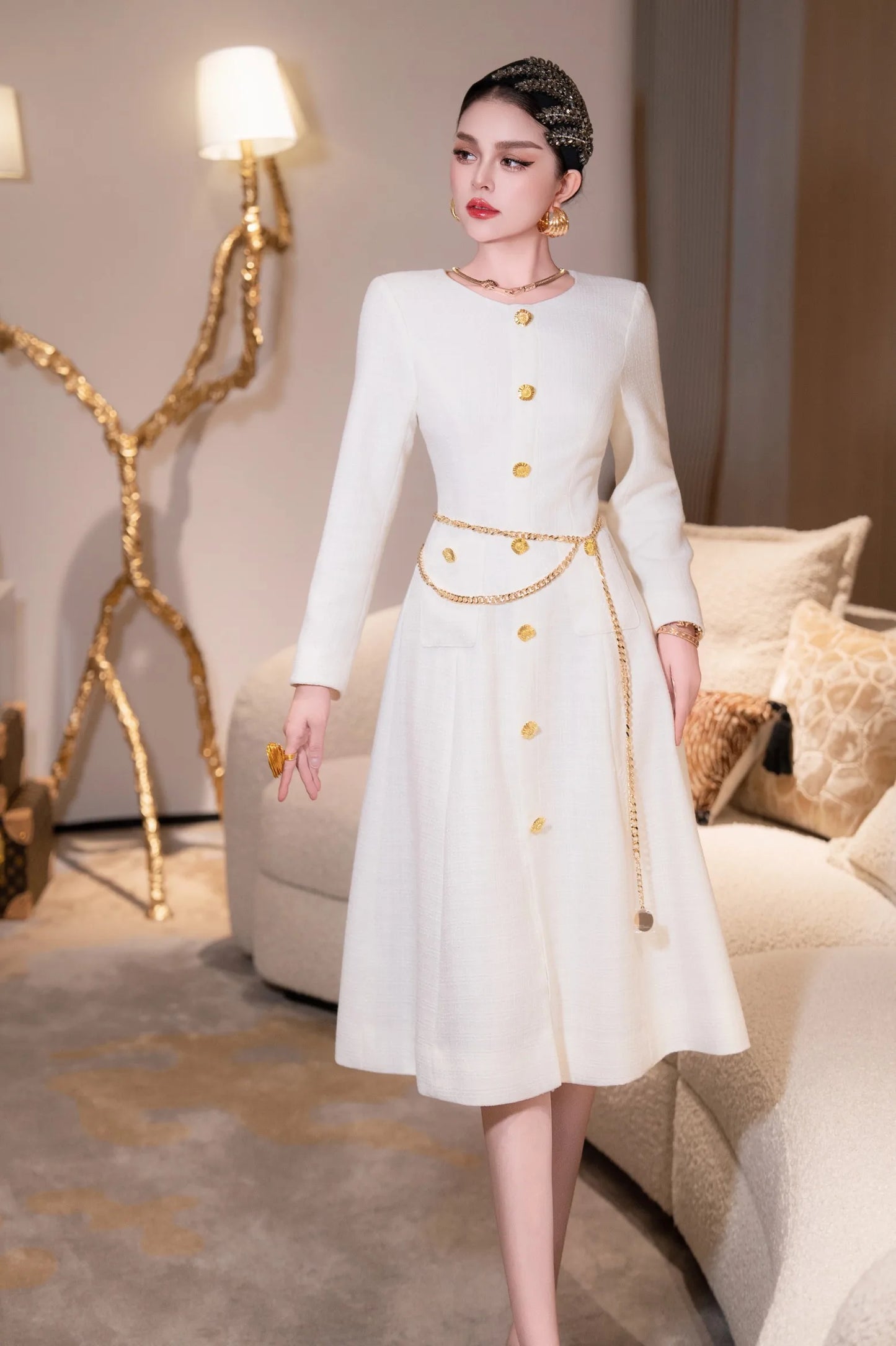 ZJYT New Arrivals Autumn Dresses for Women 2025 Elegant Designer Long Sleeve Single Breasted Party Yellow Dress with Belt