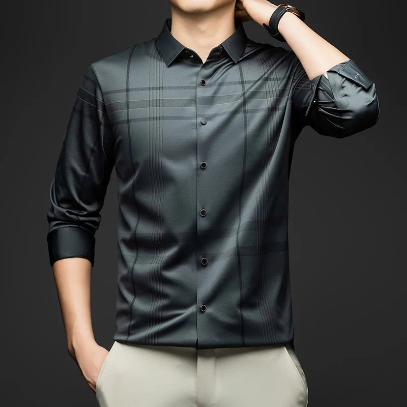 BROWON Formal Shirt Men 2025 Autumn New Long Sleeve Male Shirt Fashion Business Mulberry Silk Striped Shirts for Man Wear