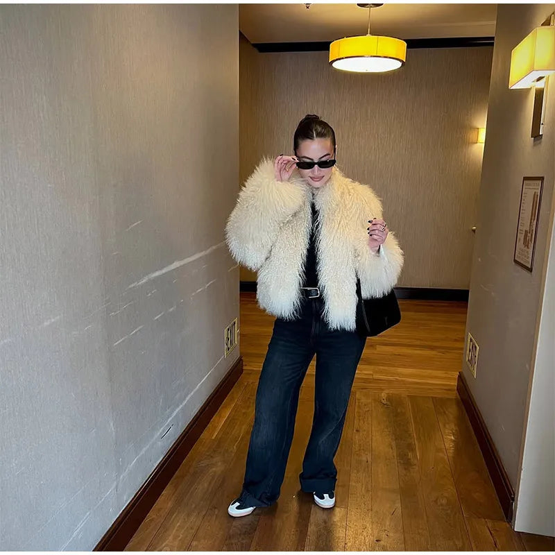 Fashion Solid Plush Faux Fur Coat Women Elegant Warm Long Sleeves Loose Jacket 2025 Lady Winter Chic High Street Outerwear ﻿