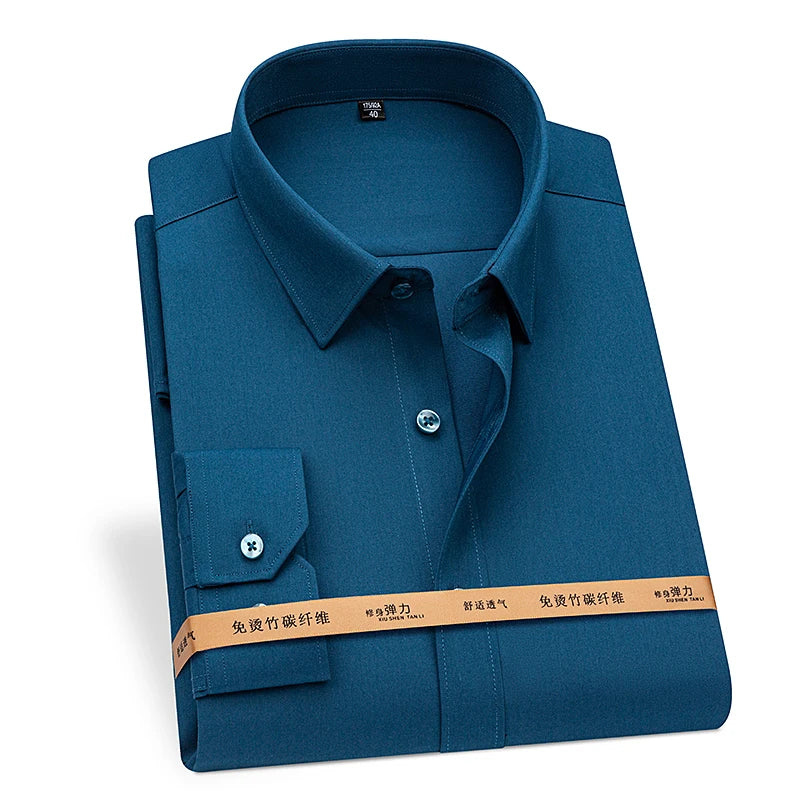 8XL Superfine Denier Bamboo Fiber Micro Elastic Formal Shirts for Men Plus Large Size Casual Slim Fit Long Sleeve Shirts for Men
