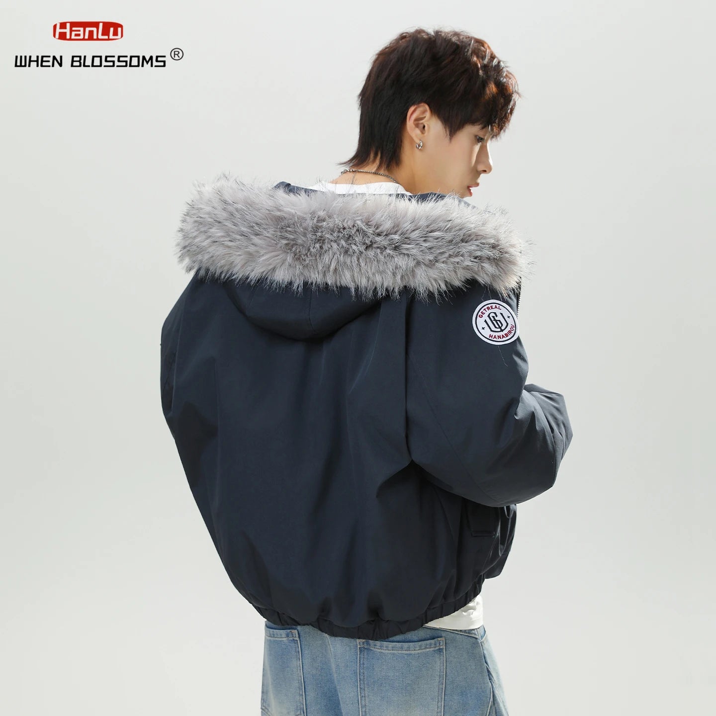 HANGRY 2025 Men's Detachable Fur Hood Parka Short Box Quilted Jacket Water-Resistant Workwear Winter Coat Thermal Insulated