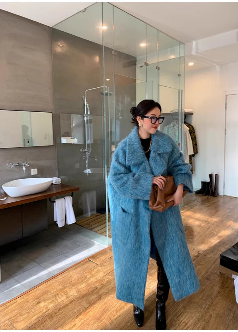 Lautaro Winter Long Blue Fluffy Oversized Warm Wool & blends Coat for Women Single Button Pockets Luxury Clothes Woolen Overcoat