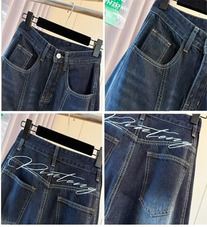 Y2K Fashion Letter Embroidery Jeans Vintage Dark Blue Baggy Pants Women Clothing New Rock Wide Leg Lady Denim Trousers