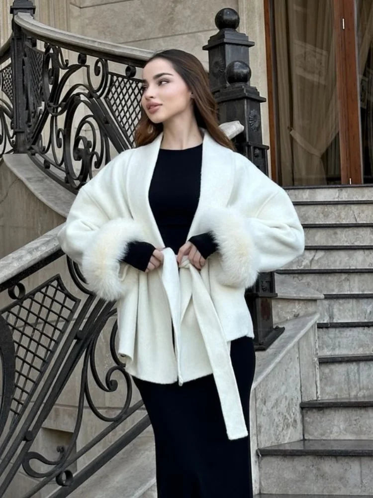 Elegant Lace Up Woolen Coat Women Solid Loose Lapel Furry Belt Long Sleeve Short Jacket 2025 Autumn Winter Lady Cardigan Outwear