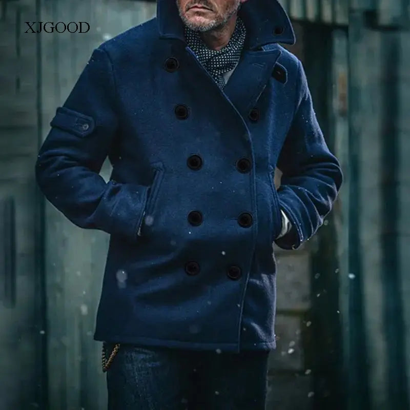 Men's Pure Color Woolen Coat with Buttoned Collar ort Sve V-Ne Outerwear for Young Men in Autumn Season