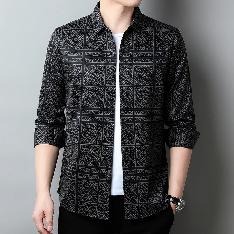 New Men's Casual Printed Long Sleeved Lapel Shirt for Spring and Autumn Fashion Comfortable Wrinkle Free Top Without Ironing