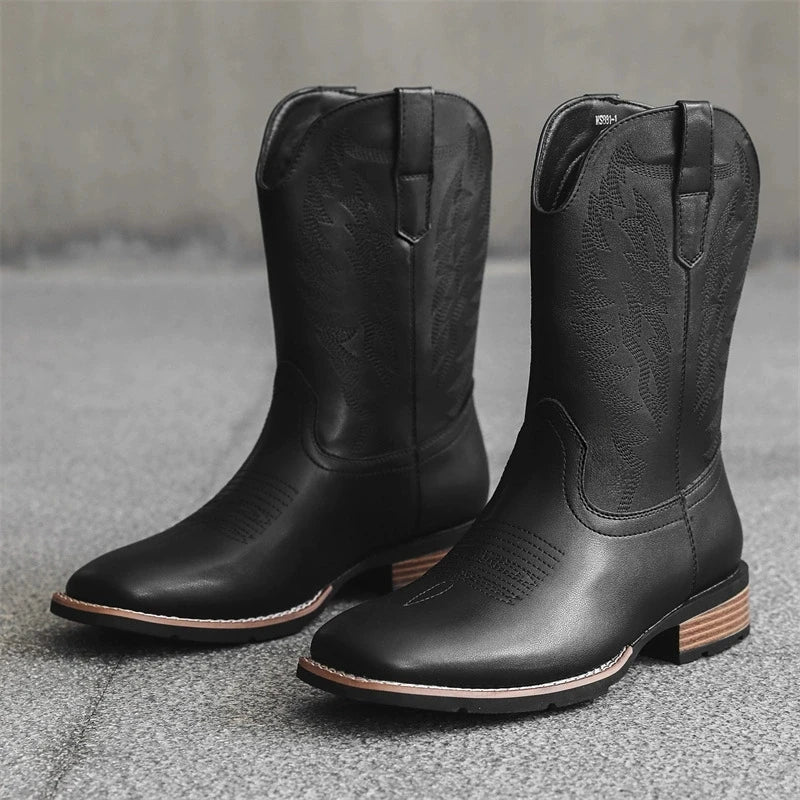 Vintage Embroidery Men's Cowboy Boots High Top Motorcycle Boots Men Shoes Fashion Square Toe Warm Boots