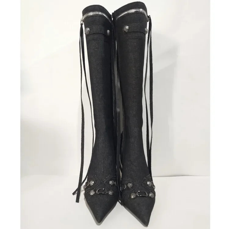 New 2024 Brand Design Knee High Boots Fashion Rivet Pointed Thin Heel Women's Boots 34-43 Fashion Hot Girls Denim Model Boots